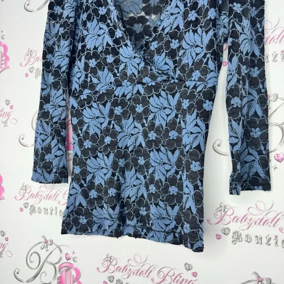 Garage top long sleeve lace blue mesh floral flowers v neck ruffle trim cute - Picture 6 of 9